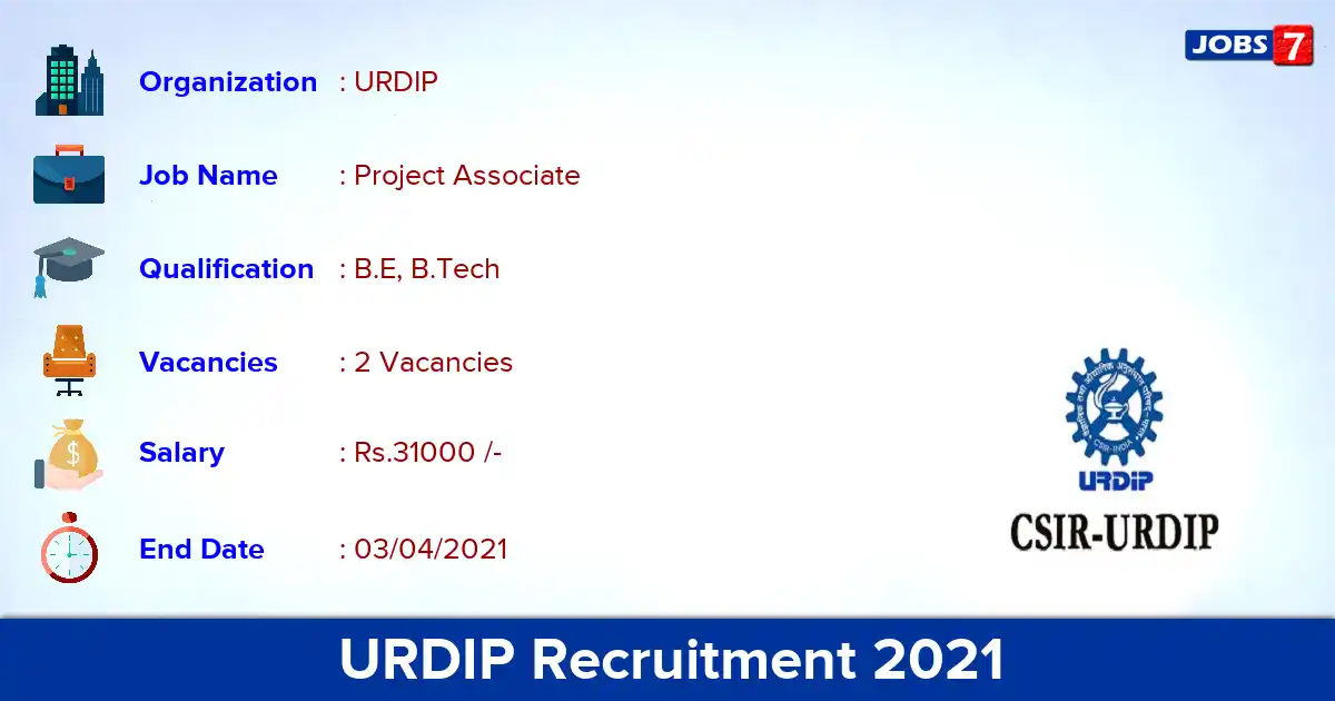 URDIP Recruitment 2021 - Apply Online for Project Associate Jobs