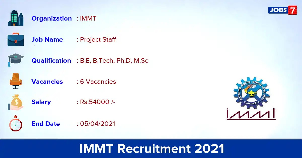 IMMT Recruitment 2021 - Apply Online for Project Staff Jobs