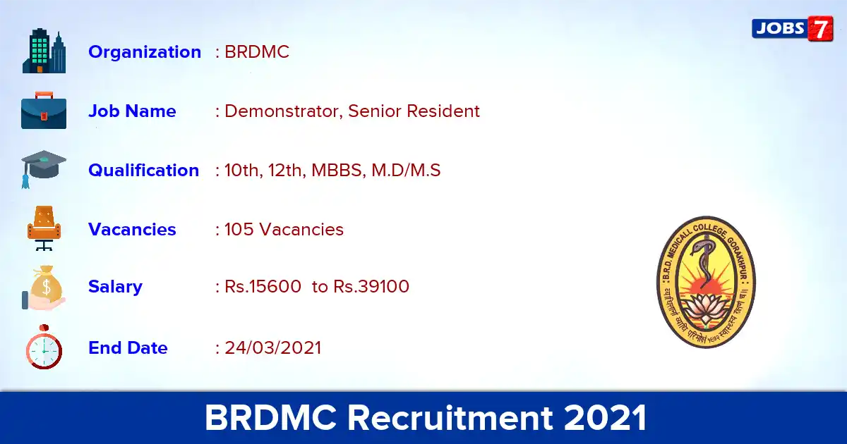 BRDMC Recruitment 2021 - Apply Offline for 105 Demonstrator, Senior Resident vacancies