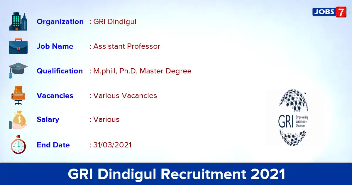 GRI Dindigul Recruitment 2021 - Apply Offline for Assistant Professor vacancies