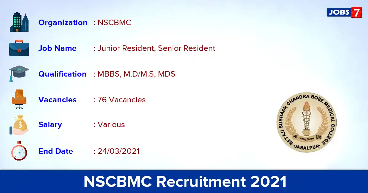 NSCBMC Recruitment 2021 - Apply Offline for 76 Senior Resident vacancies