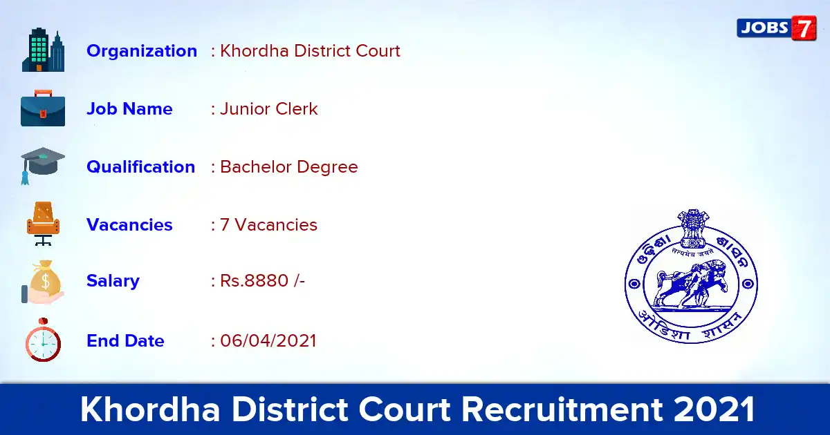 Khordha District Court Recruitment 2021 - Apply Offline for Junior Clerk Jobs