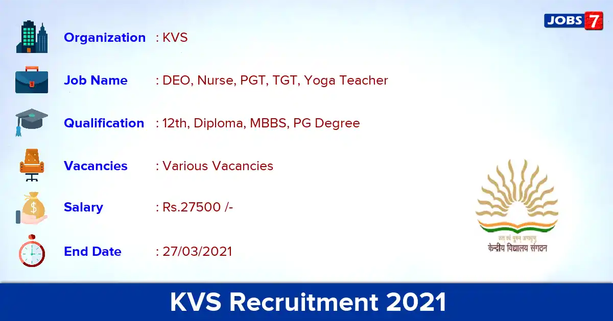 KVS Recruitment 2021 - Apply Offline for DEO, Yoga Teacher vacancies