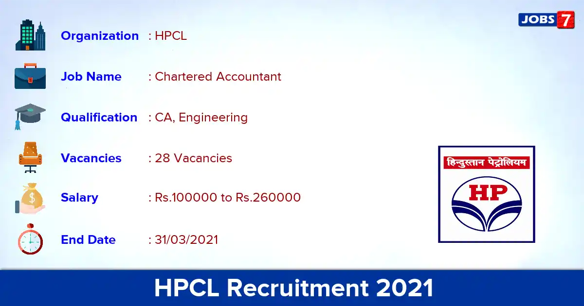 HPCL Recruitment 2021 - Apply Online for 28 Chartered Accountant vacancies