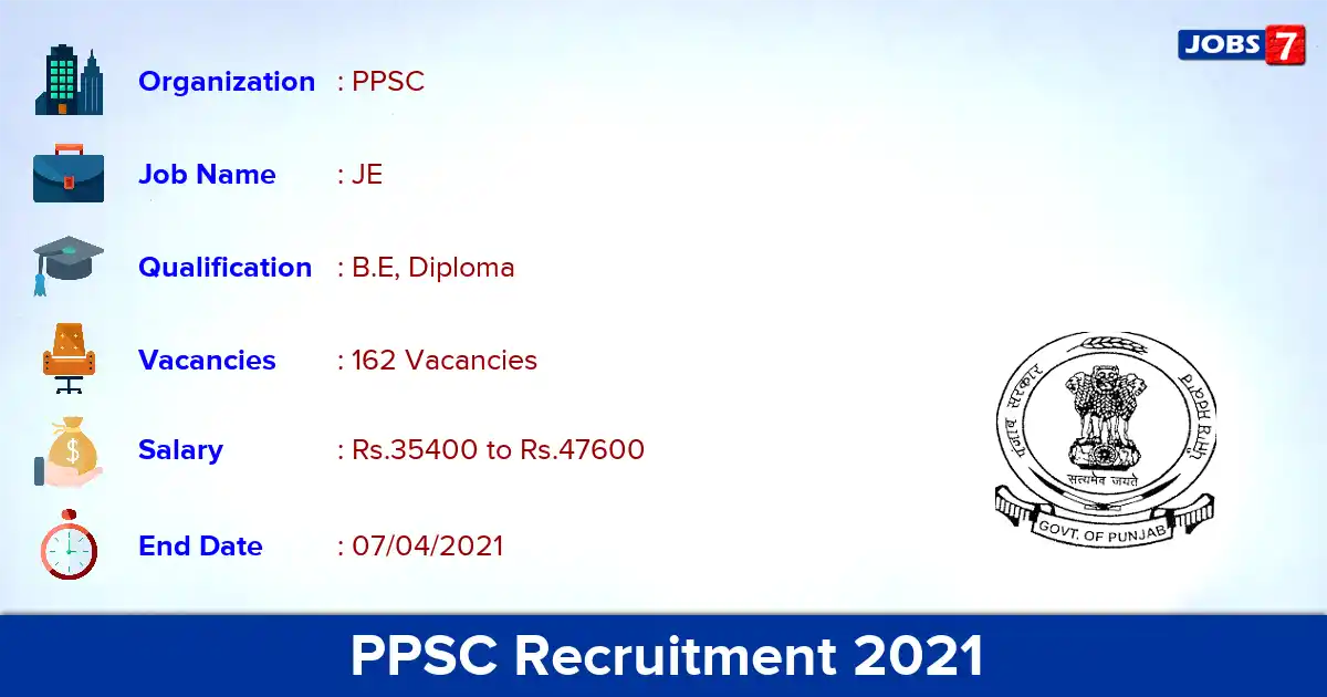 PPSC Recruitment 2021 - Apply Online for 162 JE vacancies