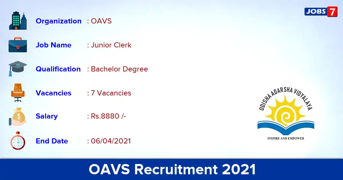 OAVS Recruitment 2021 - Apply Offline for Junior Clerk cum Accountant Jobs