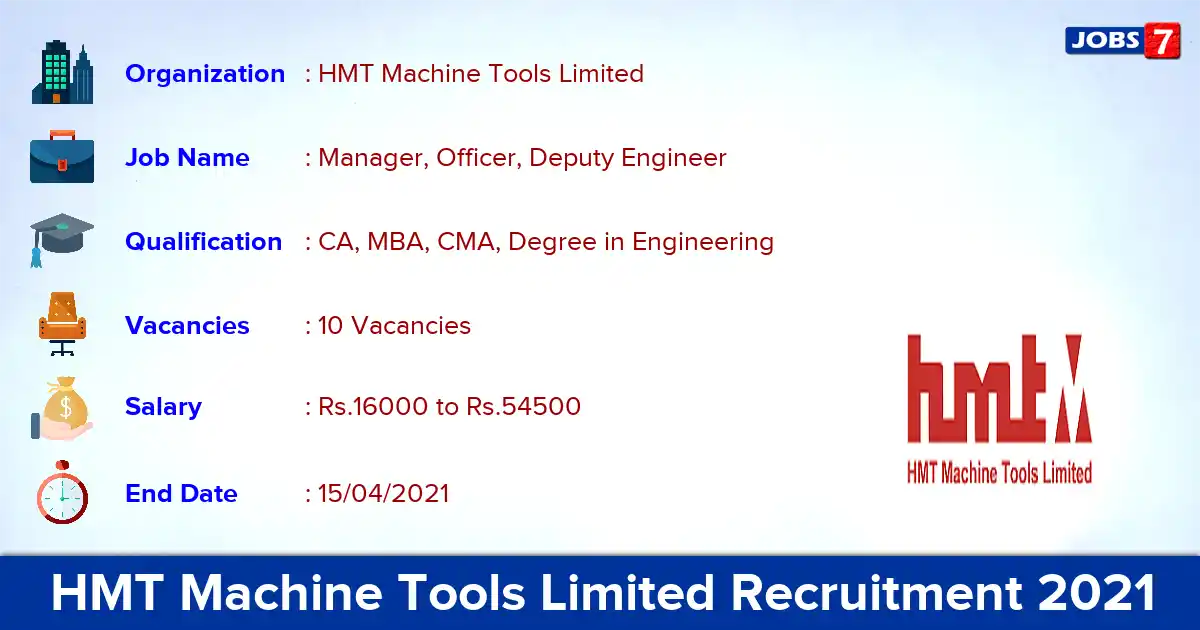 HMT Machine Tools Limited Recruitment 2021 - Apply Offline for 10 Officer, Deputy Engineer vacancies