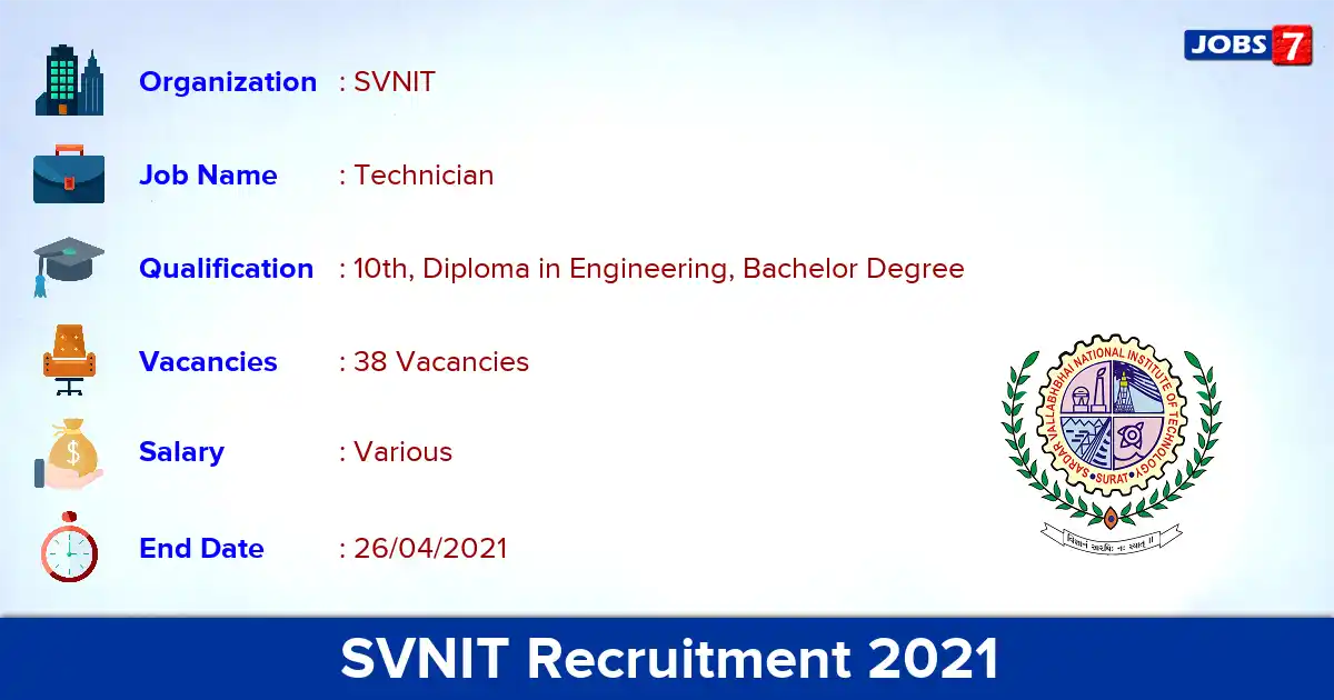 SVNIT Recruitment 2021 - Apply Offline for 38 Technician vacancies