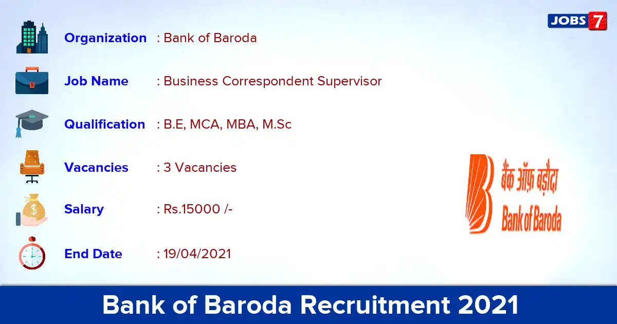 Bank of Baroda Recruitment 2021 - Apply Offline for Business Correspondent Supervisor Jobs