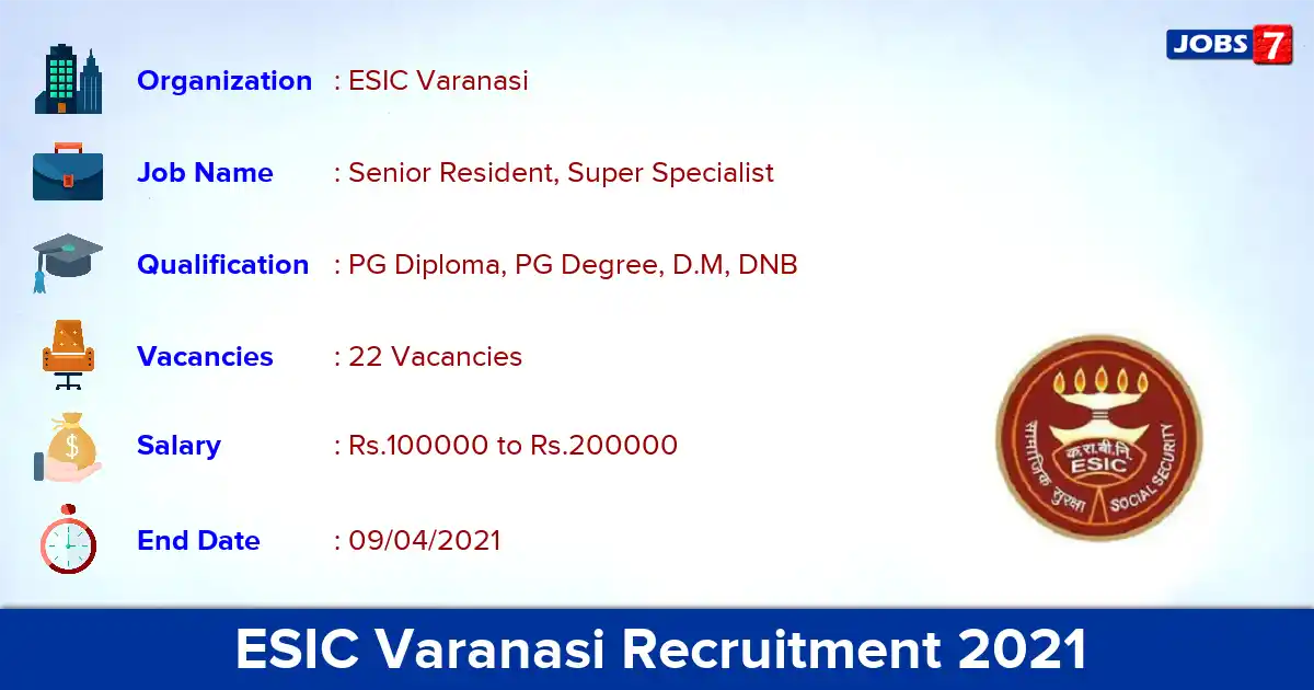 ESIC Varanasi Recruitment 2021 - Apply Offline for 22 Senior Resident vacancies