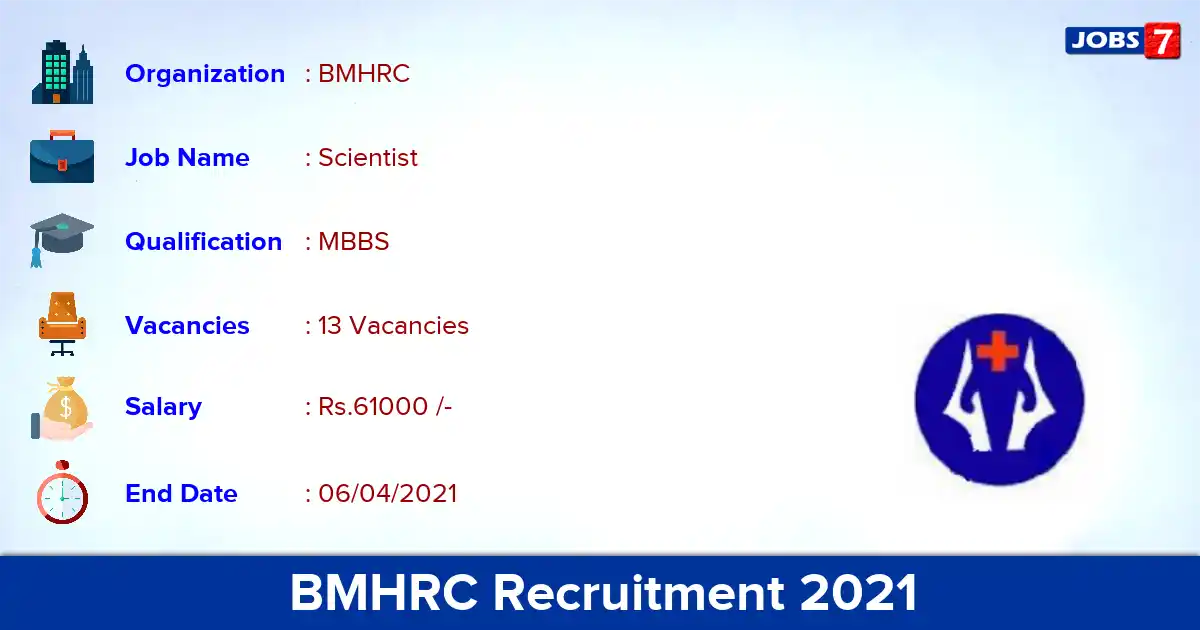 BMHRC Recruitment 2021 - Apply Offline for 13 Scientist vacancies