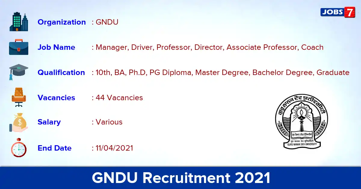 GNDU Recruitment 2021 - Apply Online for 44 Manager, Driver, Professor vacancies