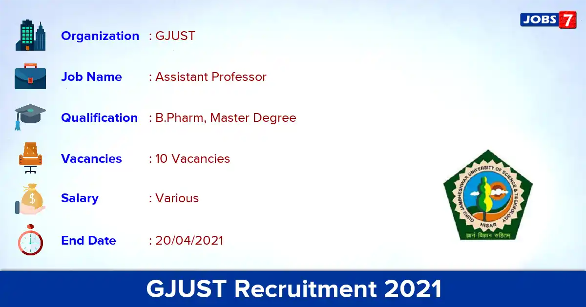 GJUST Recruitment 2021 - Apply Online for 10 Assistant Professor vacancies