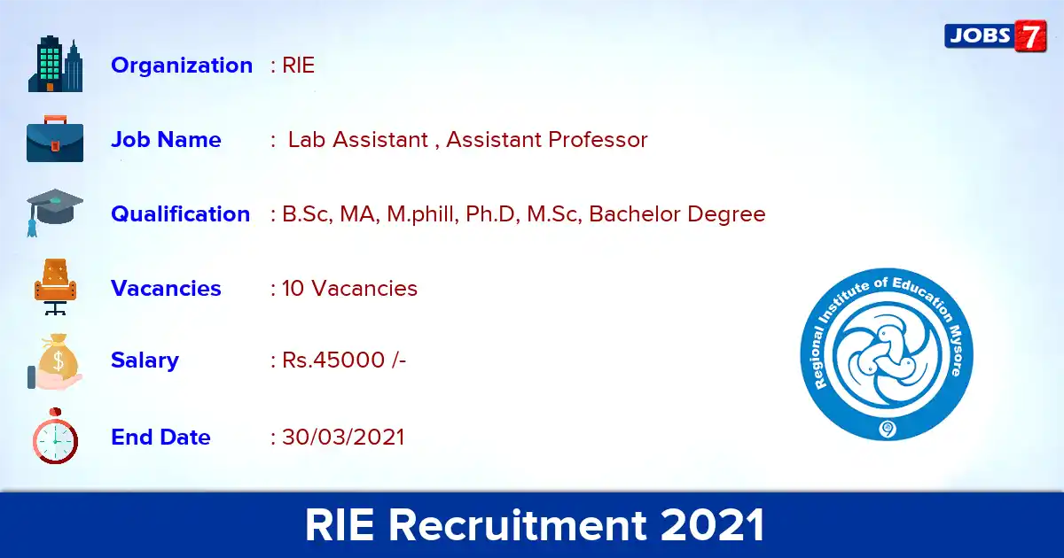 RIE Mysore Recruitment 2021 - Apply Offline for 10  Lab Assistant , Assistant Professor vacancies