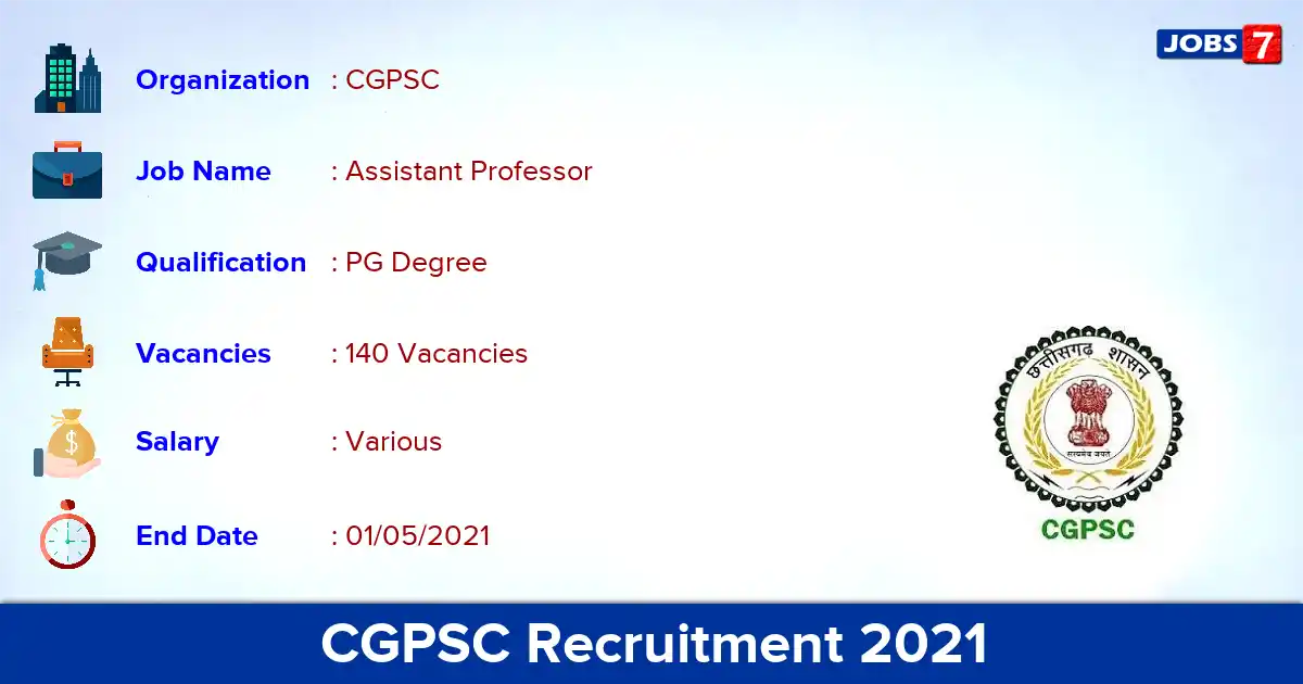CGPSC Recruitment 2021 - Apply Online for 140 Assistant Professor vacancies