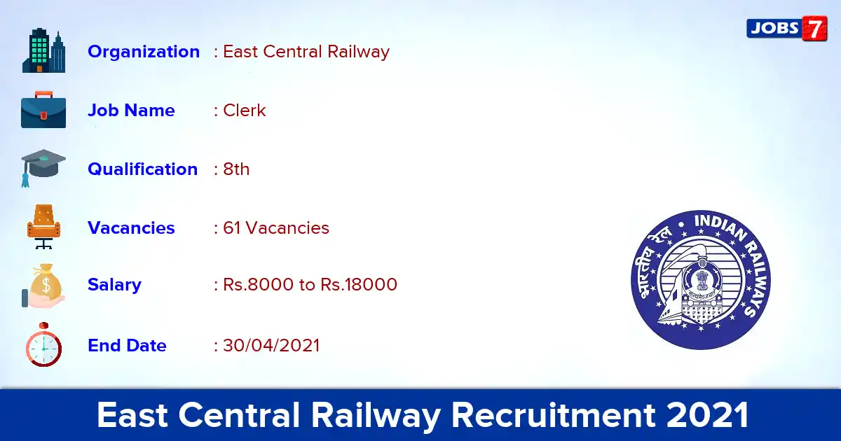 East Central Railway Recruitment 2021 - Apply Offline for 61 Clerk vacancies