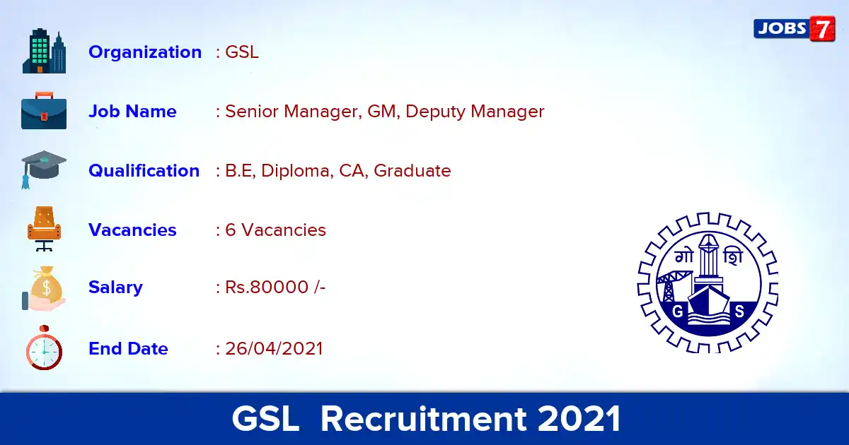 GSL  Recruitment 2021 - Apply Online for Senior Manager, GM Jobs