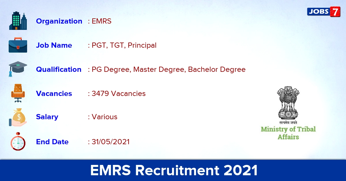 EMRS Recruitment 2021 - Apply Online for 3479 PGT, TGT Vacancies (Last Date Extended)