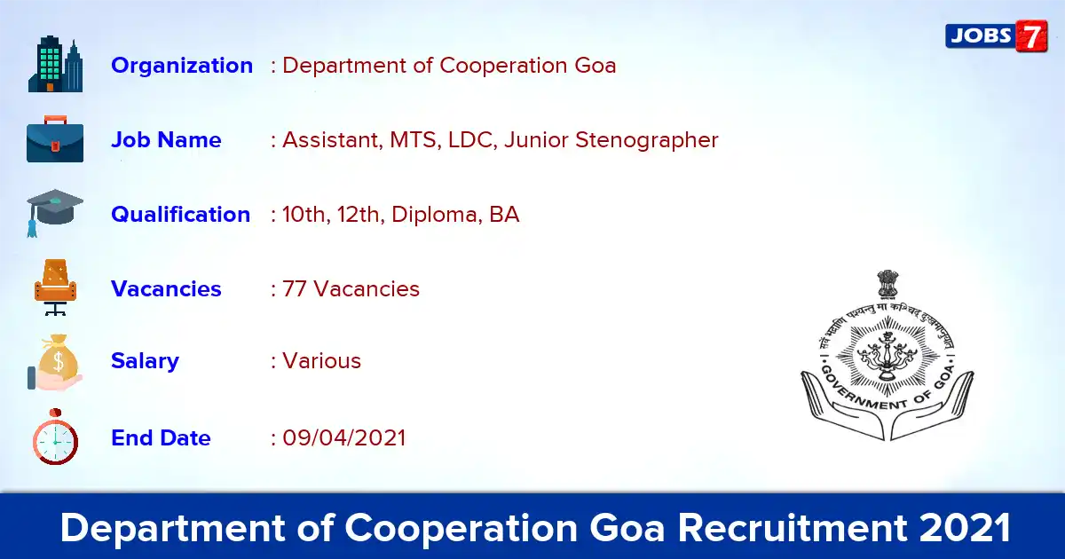 Department of Cooperation Goa Recruitment 2021 - Apply Offline for 77 LDC, Junior Stenographer vacancies