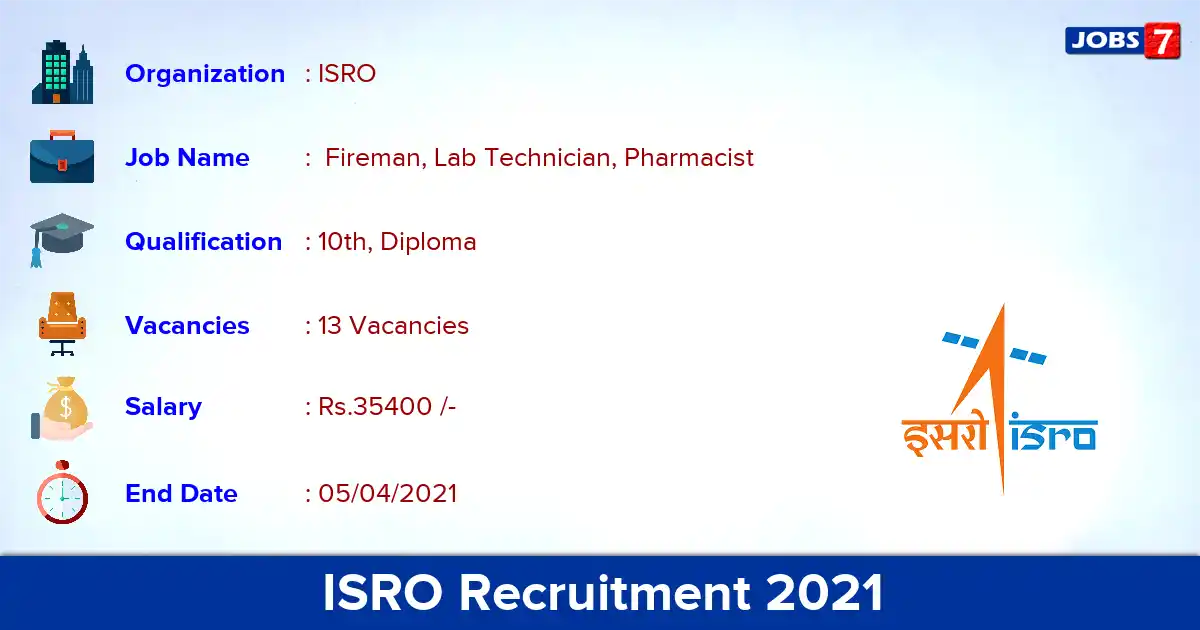 ISRO Recruitment 2021 - Apply Online for 13 Pharmacist vacancies