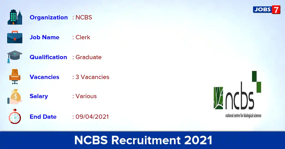 NCBS Recruitment 2021 - Apply Online for Clerk Jobs