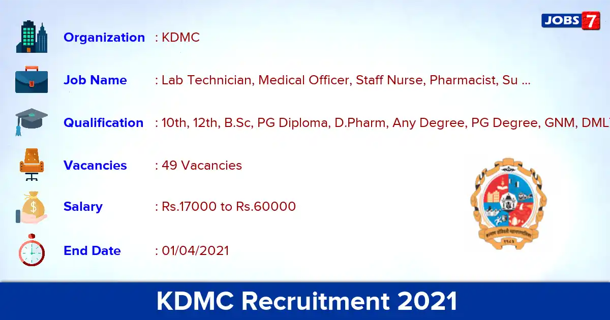 KDMC Recruitment 2021 - Apply Offline for 49 Lab Technician, Medical Officer vacancies