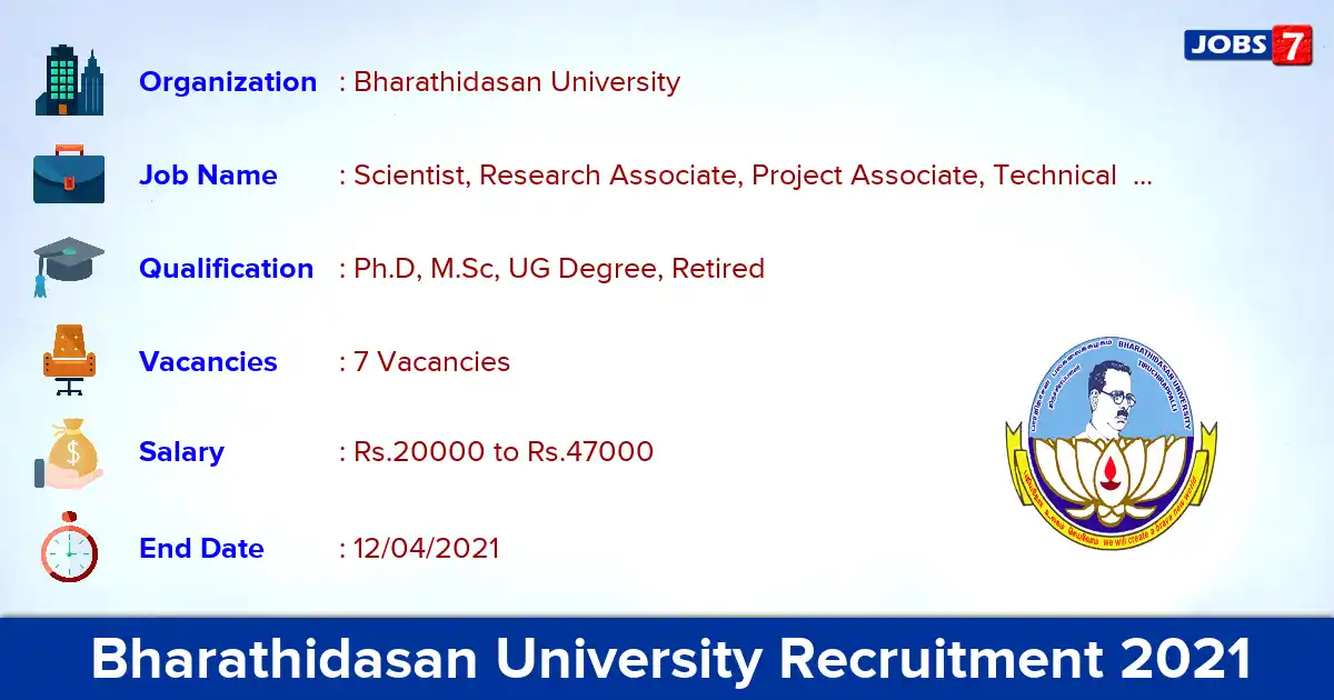Bharathidasan University Recruitment 2021 - Apply Offline for Scientist, Research Associate Jobs