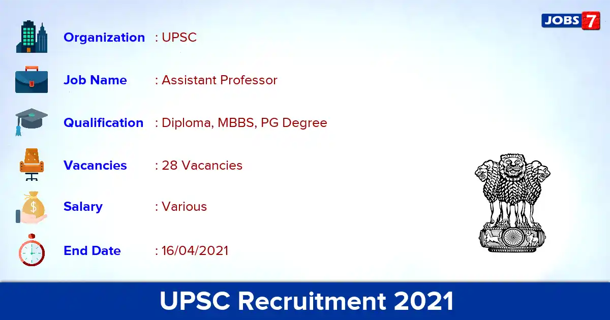 UPSC Recruitment 2021 - Apply Online for 28 Assistant Professor, Specialist vacancies