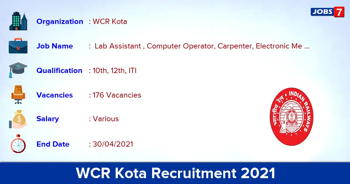 WCR Kota Recruitment 2021 - Apply Online for 176 Trade Apprentice vacancies