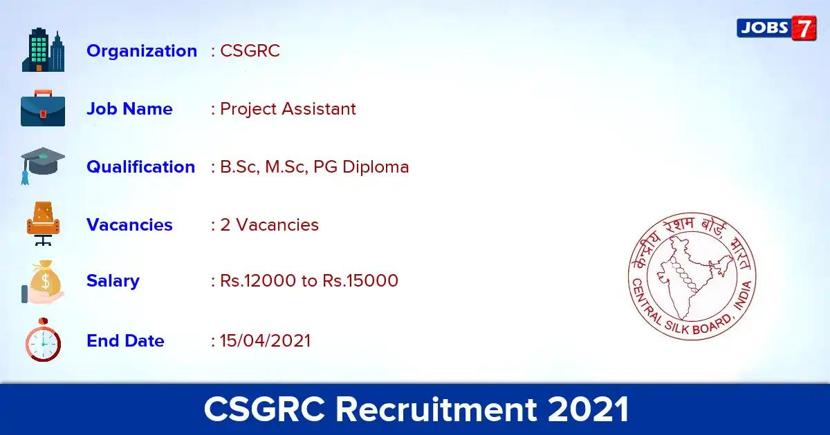 CSGRC Recruitment 2021 - Apply Offline for Project Assistant Jobs