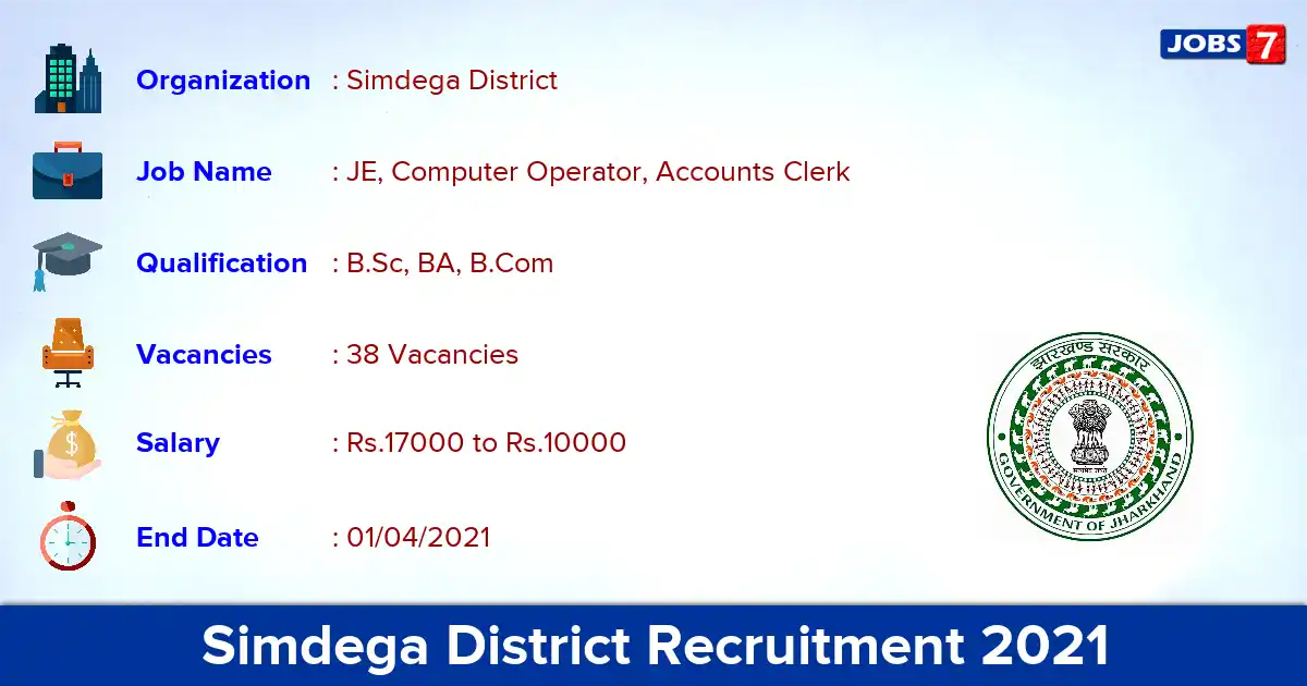 Simdega District Recruitment 2021 - Apply Offline for 38  Accounts Clerk Vacancies