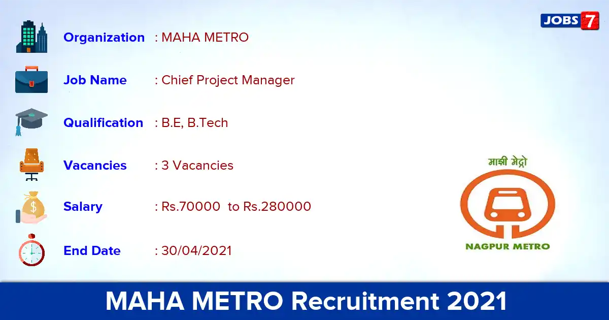 MAHA METRO Recruitment 2021 - Apply Offline for Chief Project Manager Jobs