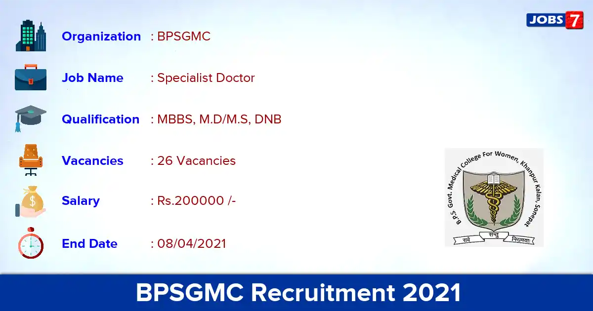 BPSGMC Recruitment 2021 - Apply Offline for 26 Specialist Doctor Vacancies