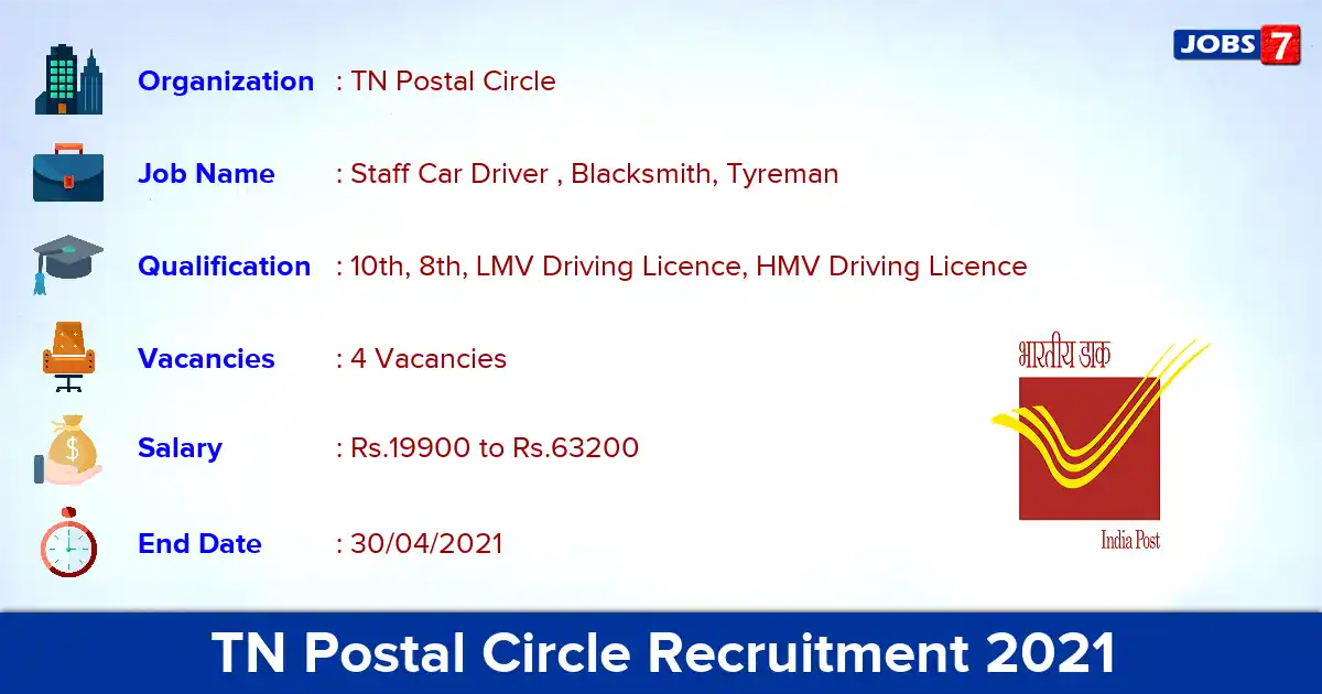 TN Postal Circle Recruitment 2021 - Apply Offline for Staff Car Driver Jobs