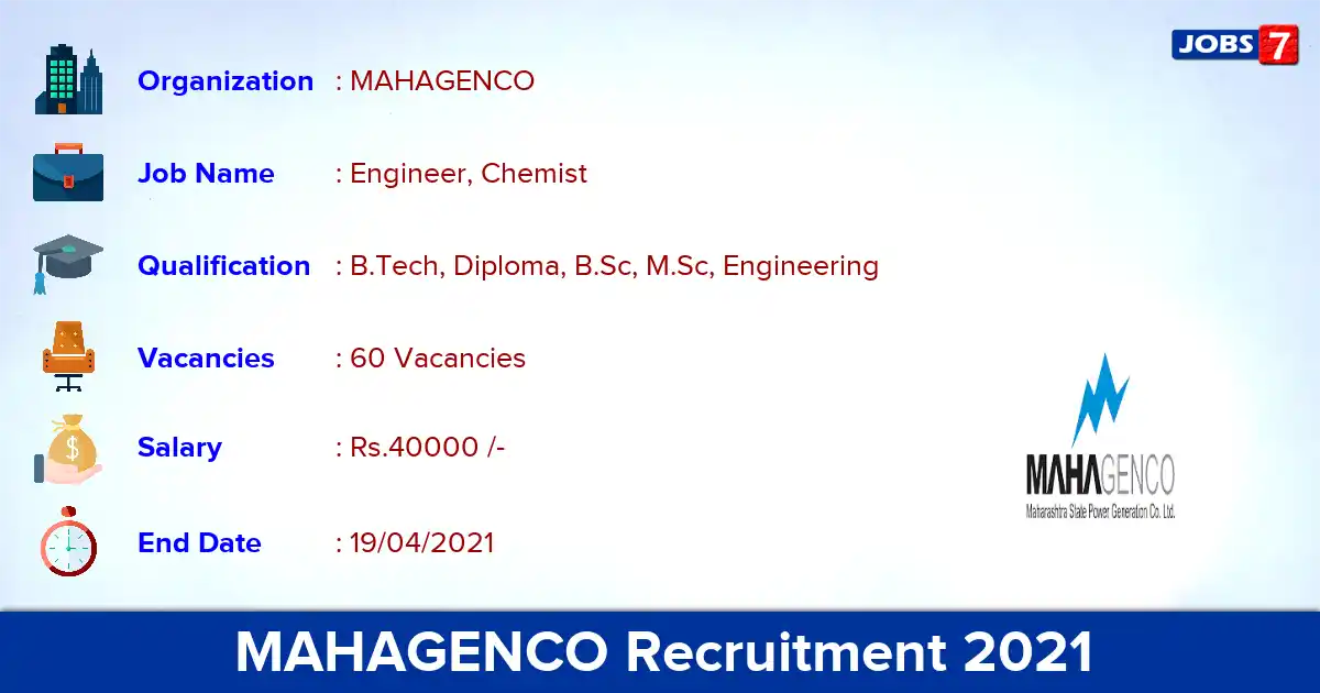 MAHAGENCO Recruitment 2021 - Apply Offline for 60 Engineer, Chemist vacancies