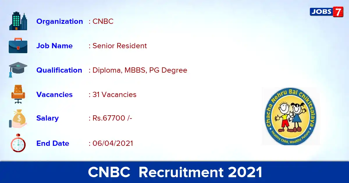 CNBC  Recruitment 2021 - Apply Offline for 31 Senior Resident vacancies