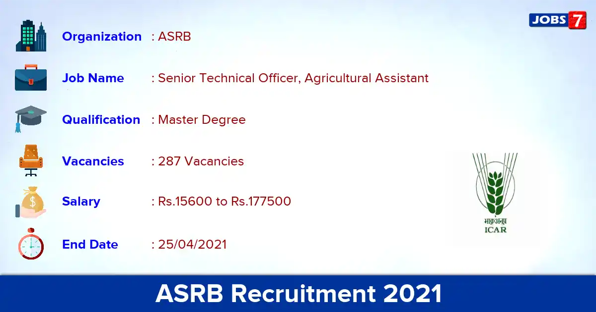 ASRB Recruitment 2021 - Apply Online for 287 Senior Technical Officer, Agricultural Assistant vacancies