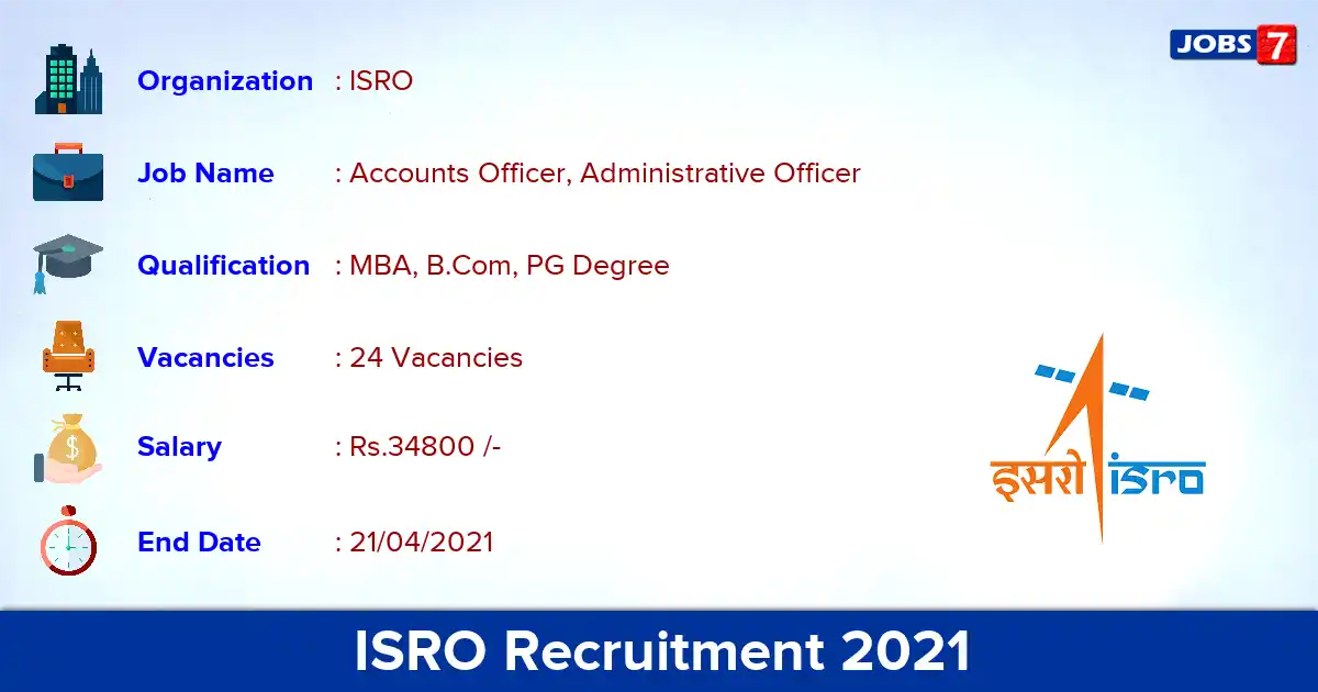 ISRO Recruitment 2021 - Apply Online for 24 Accounts Officer vacancies