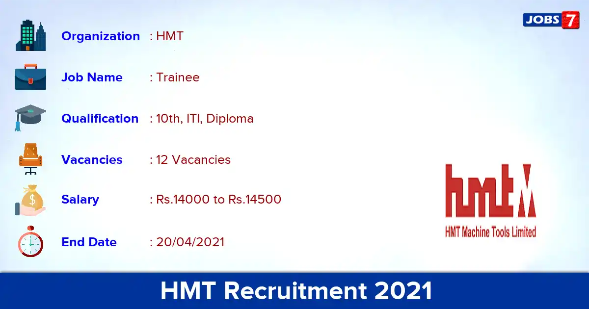 HMT Recruitment 2021 - Apply Offline for 12 Trainee vacancies