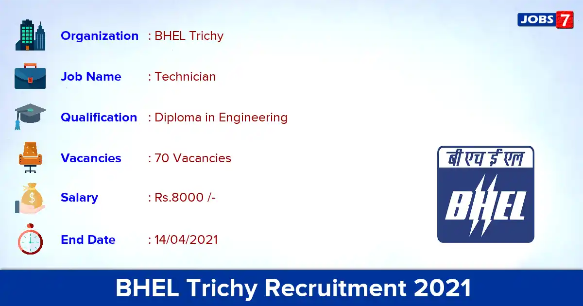 BHEL Trichy Recruitment 2021 - Apply Online for 70 Technician vacancies