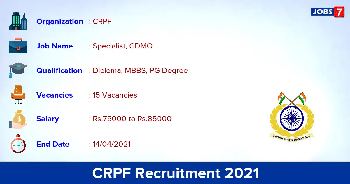 CRPF Recruitment 2021 - Apply Offline for 15 Specialist, GDMO vacancies