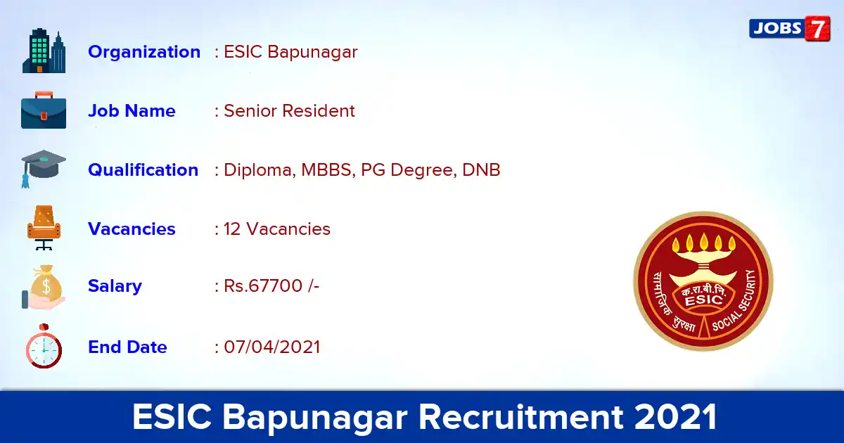 ESIC Bapunagar Recruitment 2021 - Apply Offline for 12 Senior Resident vacancies