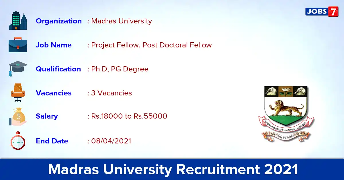 Madras University Recruitment 2021 - Apply Online for Project Fellow Jobs