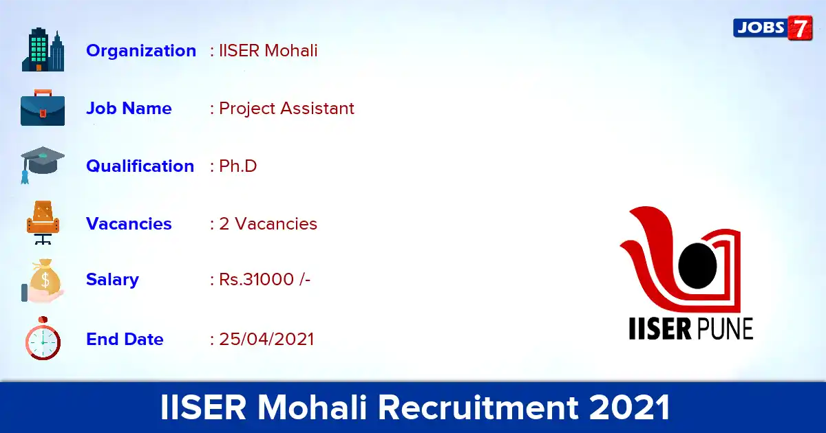 IISER Mohali Recruitment 2021 - Apply Online for Project Assistant Jobs
