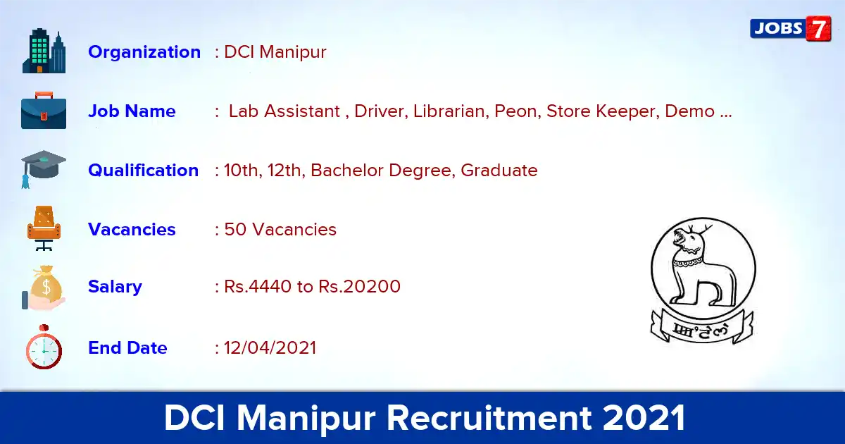 DCI Manipur Recruitment 2021 - Apply Offline for 50 Lab Assistant, Driver vacancies