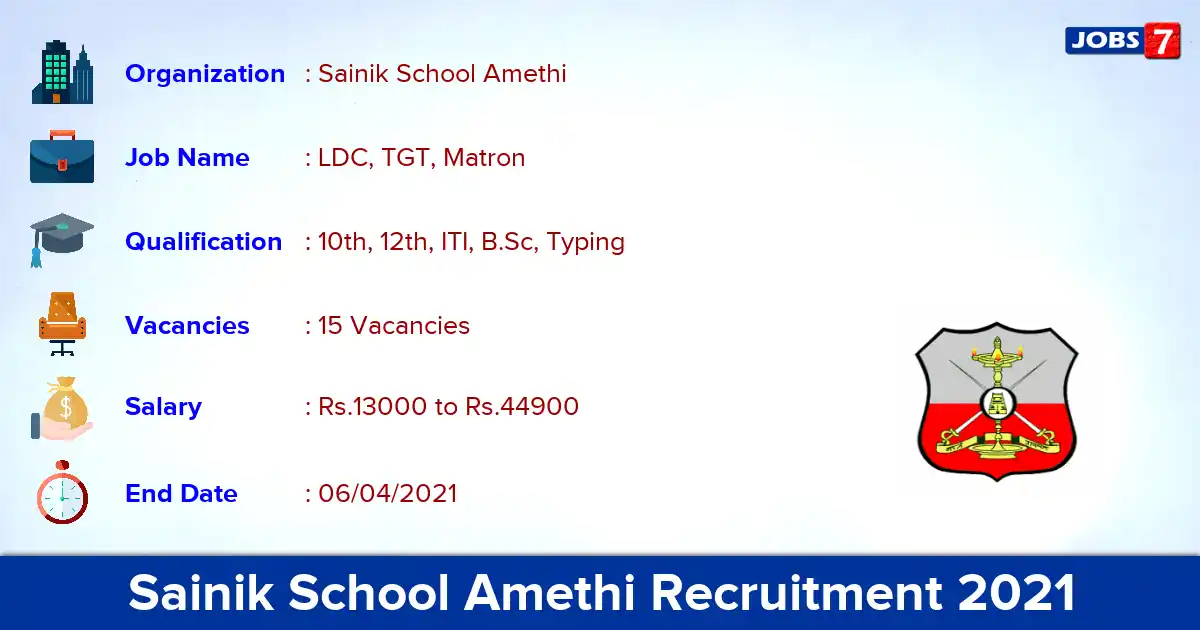 Sainik School Amethi Recruitment 2021 - Apply Offline for 15 LDC, TGT vacancies