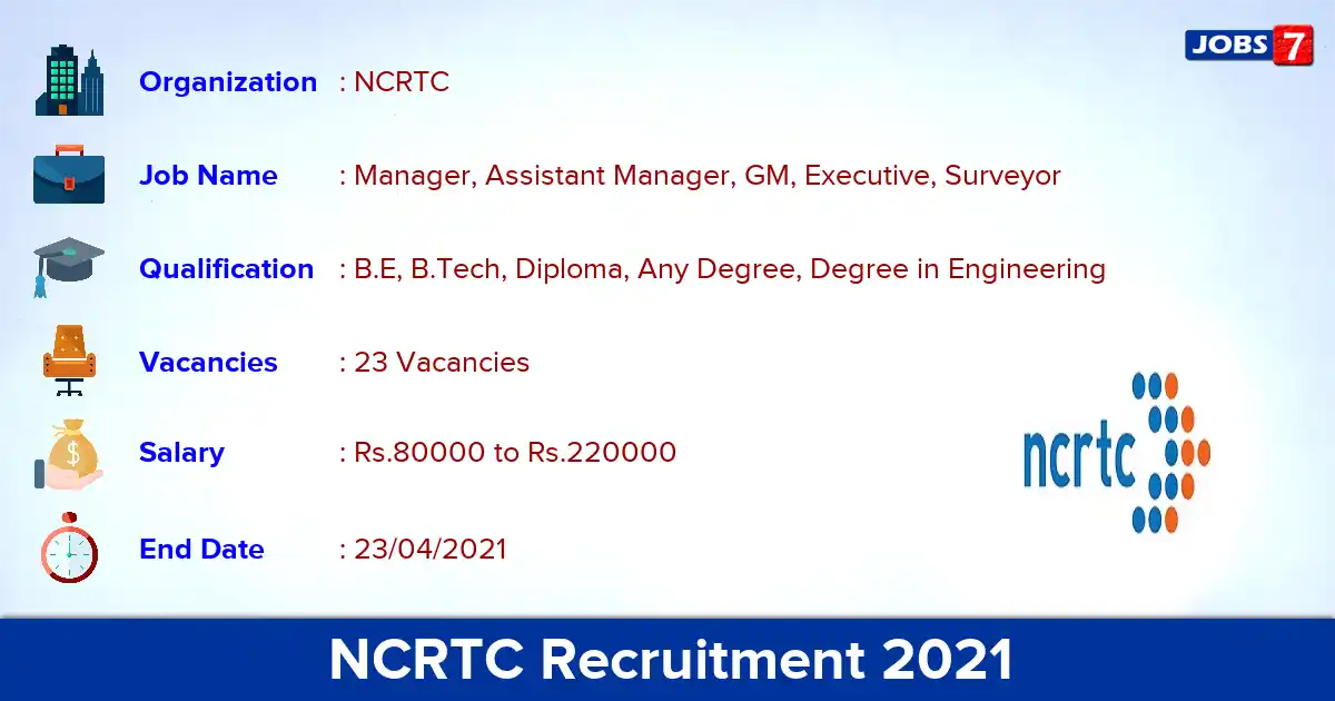 NCRTC Recruitment 2021 - Apply Offline for 23 Manager, Assistant Manager vacancies