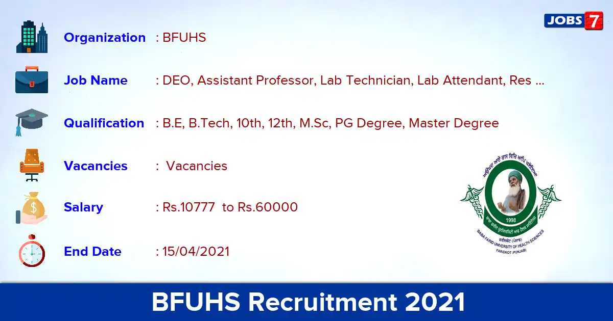 BFUHS Recruitment 2021 - Apply Offline for DEO, Assistant Professor vacancies