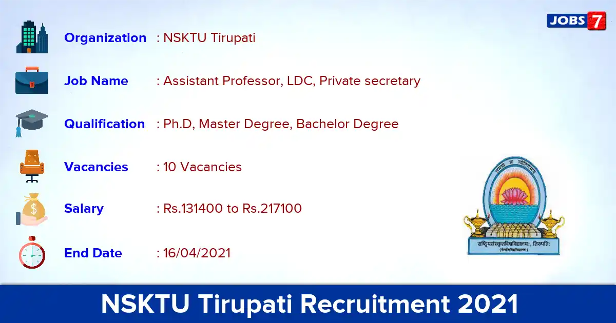 NSKTU Tirupati Recruitment 2021 - Apply Offline for 10 Assistant Professor, LDC vacancies