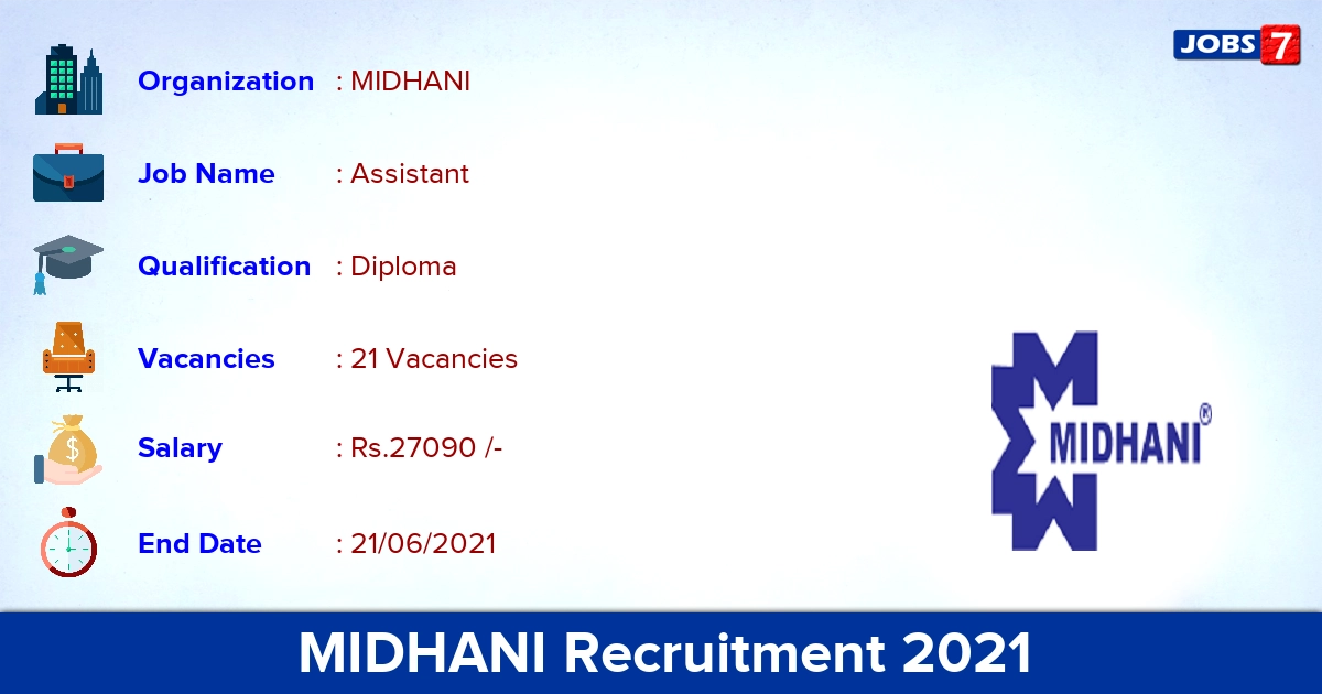 MIDHANI Recruitment 2021 - Apply Offline for 21 Assistant Vacancies (Last Date Extended)
